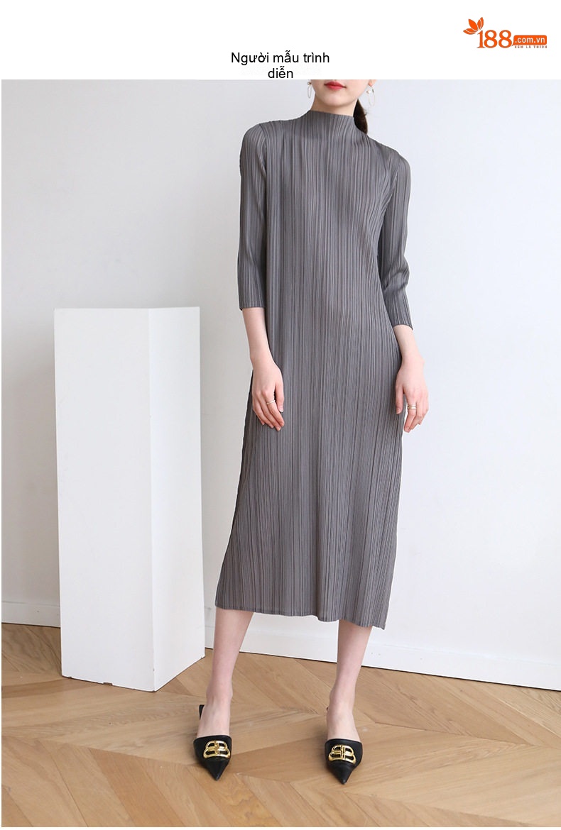 Váy liền thân Nữ Issey Miyake Thiết Kế Nhún Bèo Cổ Cao Tay Lỡ Ôm Dáng Màu Xanh Dương, Xám, Hồng, Đen chi tiết 5