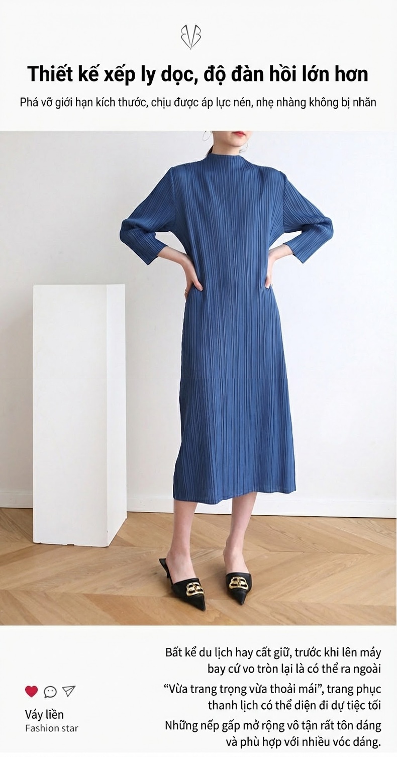 Váy liền thân Nữ Issey Miyake Thiết Kế Nhún Bèo Cổ Cao Tay Lỡ Ôm Dáng Màu Xanh Dương, Xám, Hồng, Đen chi tiết 1