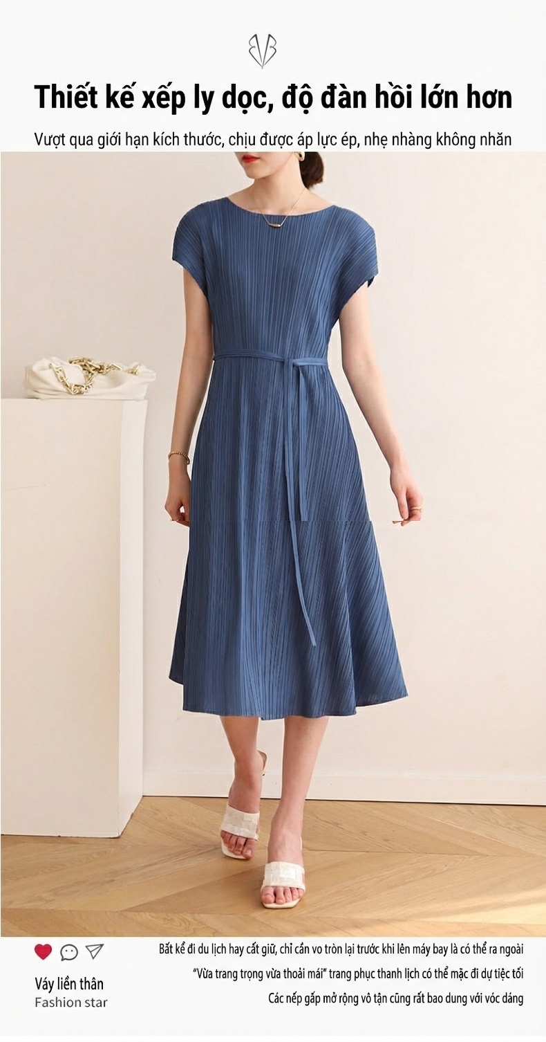 Váy Liền Thân Nữ Issey Miyake Xếp Ly Dáng Ôm Phong Cách Thời Trang Màu Xám, Xanh, Vàng, Đen... chi tiết 1
