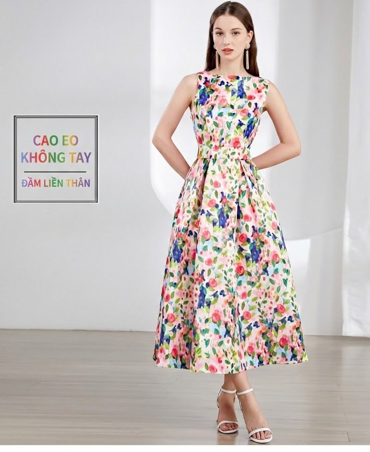 Váy liền thân Nữ Không Tay dáng chữ A Cạp Cao Họa Tiết Hoa chi tiết 1