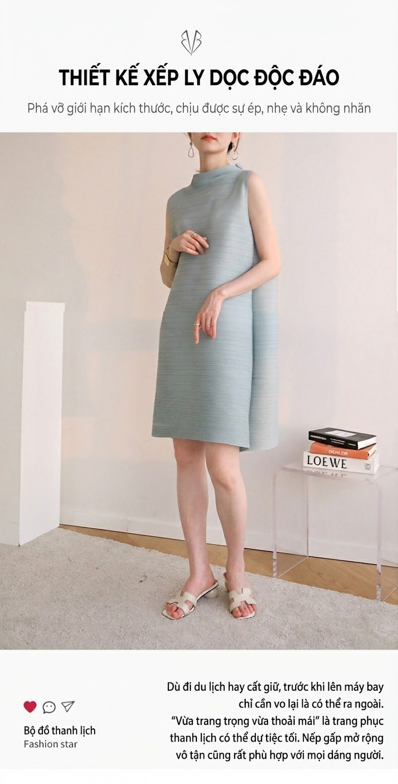 Váy liền thân Nữ Không Tay Dáng Rộng Xếp Ly Issey Miyake Màu Xanh, Kem, Xám, Hồng... chi tiết 1