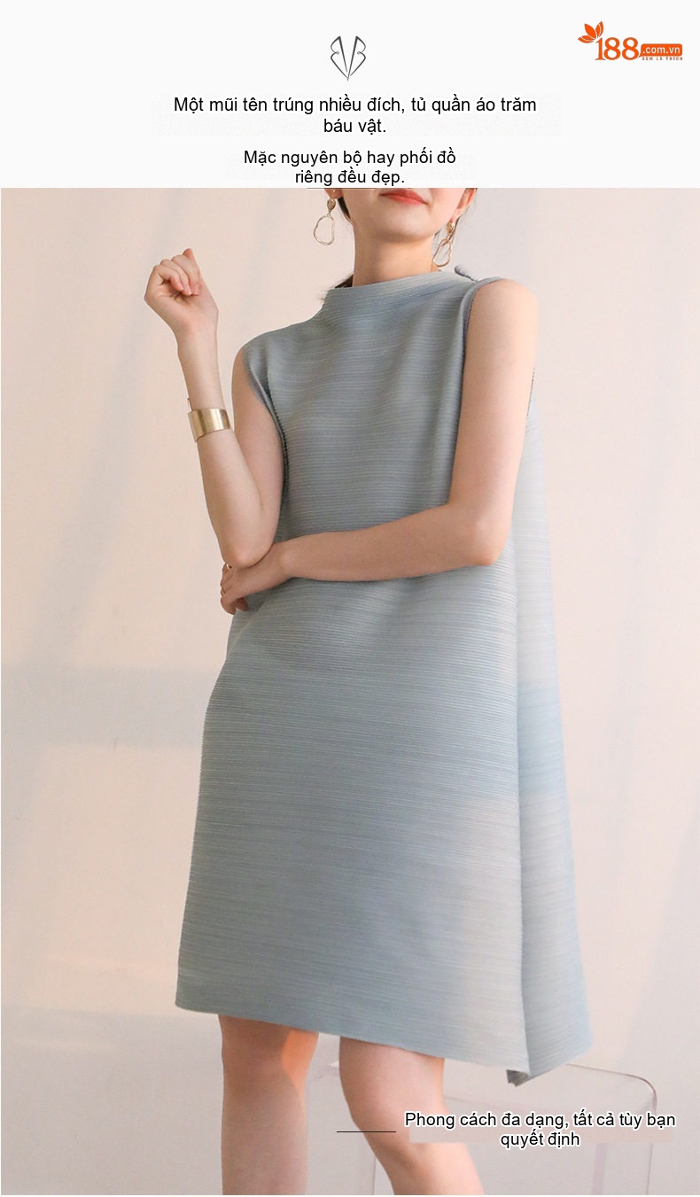 Váy liền thân Nữ Không Tay Dáng Rộng Xếp Ly Issey Miyake Màu Xanh, Kem, Xám, Hồng... chi tiết 3