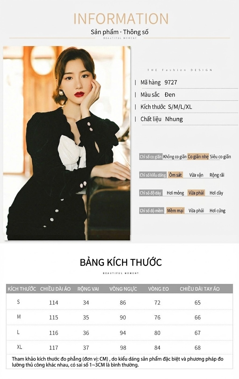 Váy liền thân Nữ Kim Tuyến Nơ Cổ Điển Phong Cách Pháp Màu Đen chi tiết 1