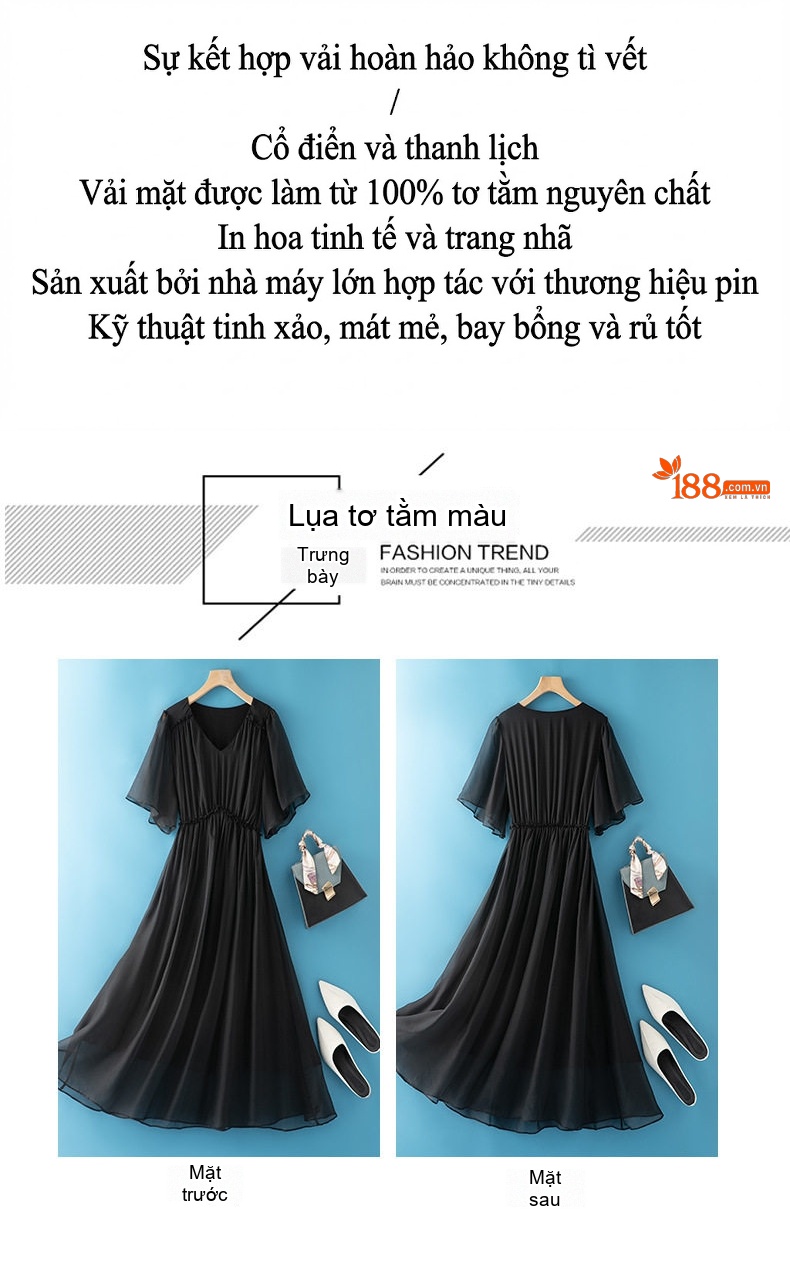 Váy liền thân Nữ Lụa Tằm Cao Cấp Cổ chữ V Vải Voan Che Bụng Màu Đen chi tiết 3