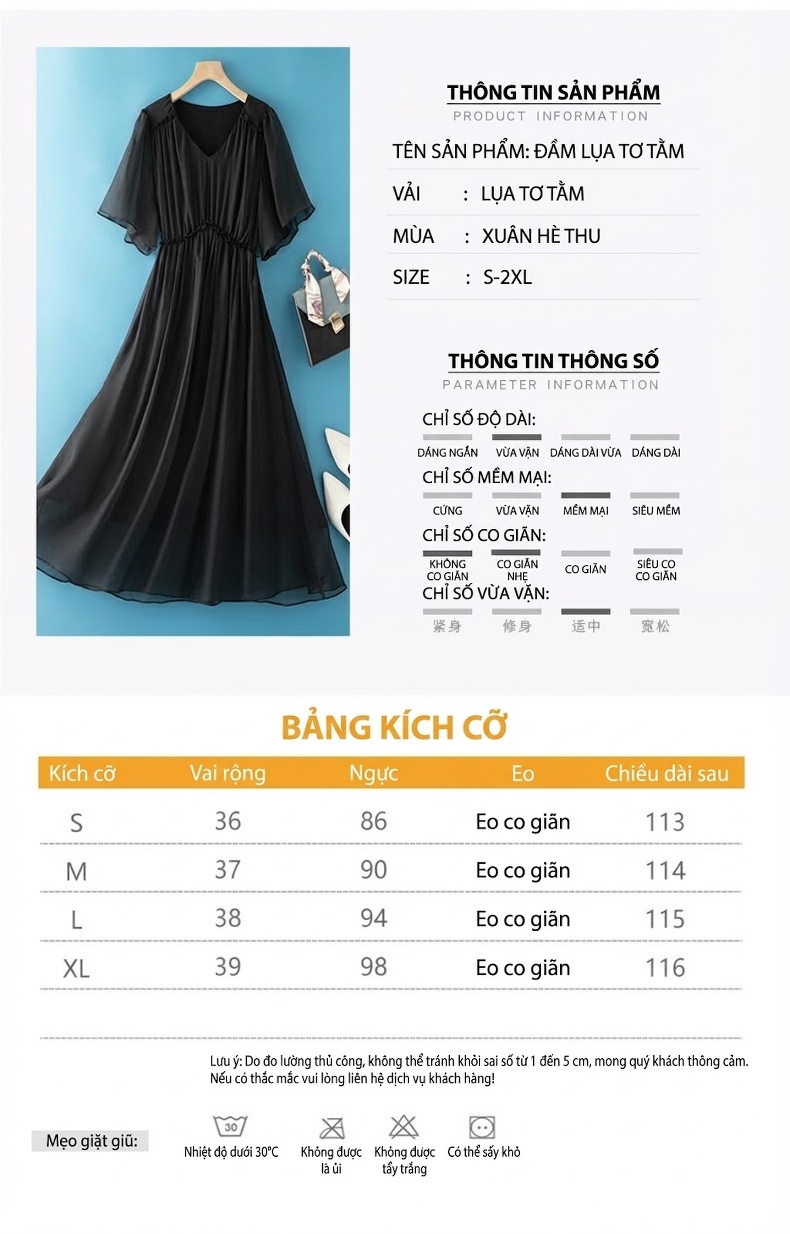 Váy liền thân Nữ Lụa Tằm Cao Cấp Cổ chữ V Vải Voan Che Bụng Màu Đen chi tiết 5