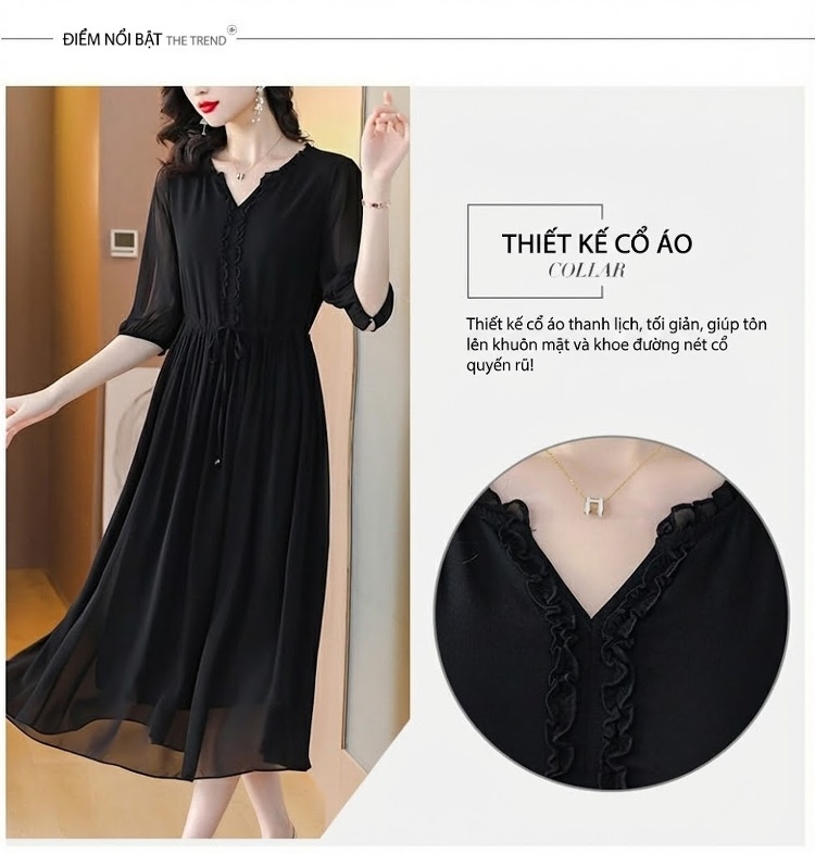 Váy liền thân Nữ Lụa Tằm Tang Thắt Eo Dáng Xòe Màu Đen chi tiết 5