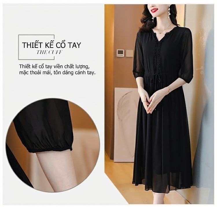 Váy liền thân Nữ Lụa Tằm Tang Thắt Eo Dáng Xòe Màu Đen chi tiết 6