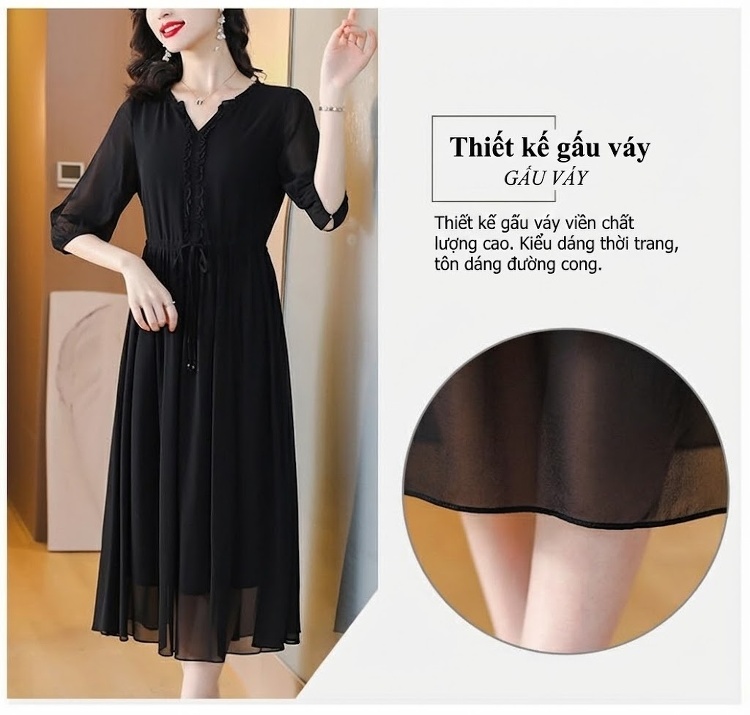 Váy liền thân Nữ Lụa Tằm Tang Thắt Eo Dáng Xòe Màu Đen chi tiết 7