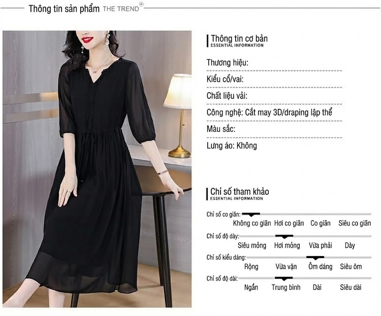 Váy liền thân Nữ Lụa Tằm Tang Thắt Eo Dáng Xòe Màu Đen chi tiết 9