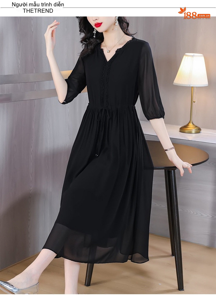 Váy liền thân Nữ Lụa Tằm Tang Thắt Eo Dáng Xòe Màu Đen chi tiết 11
