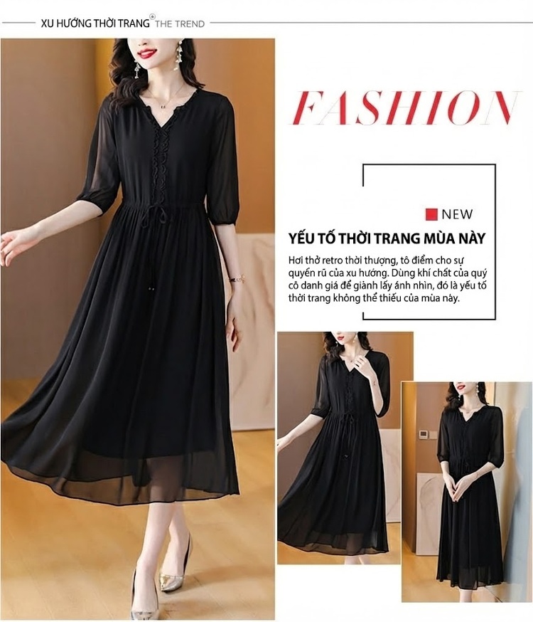 Váy liền thân Nữ Lụa Tằm Tang Thắt Eo Dáng Xòe Màu Đen chi tiết 3