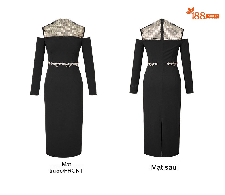 Váy liền thân Nữ Lưới Đính Đá Hở Vai Dáng Ôm Phong Cách Hepburn Thanh Lịch Màu Đen chi tiết 5