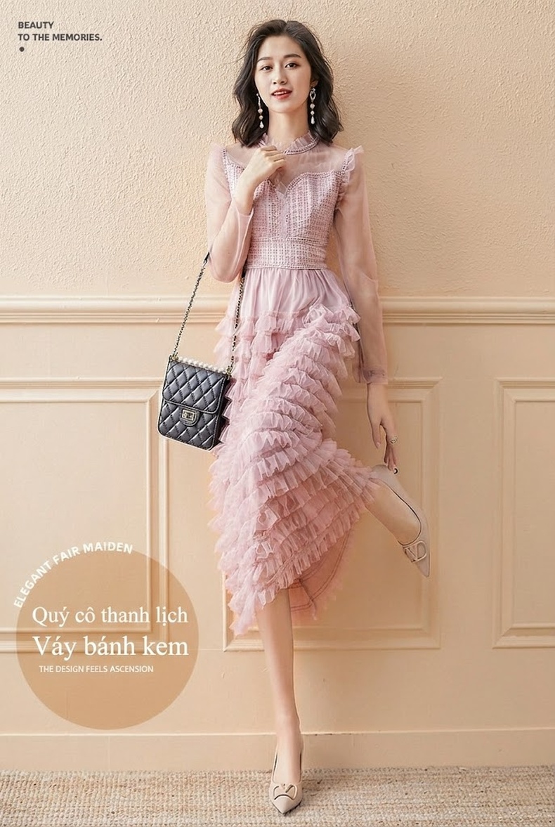 Váy liền thân Nữ Lưới Ren Kiểu Pháp Xếp Tầng Dáng Dài Thanh Lịch Màu Hồng chi tiết 1