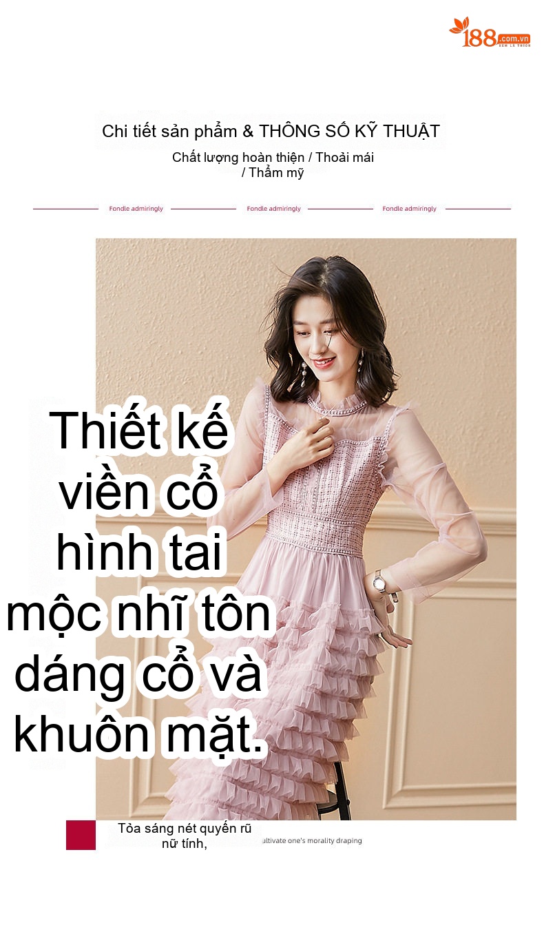 Váy liền thân Nữ Lưới Ren Kiểu Pháp Xếp Tầng Dáng Dài Thanh Lịch Màu Hồng chi tiết 2
