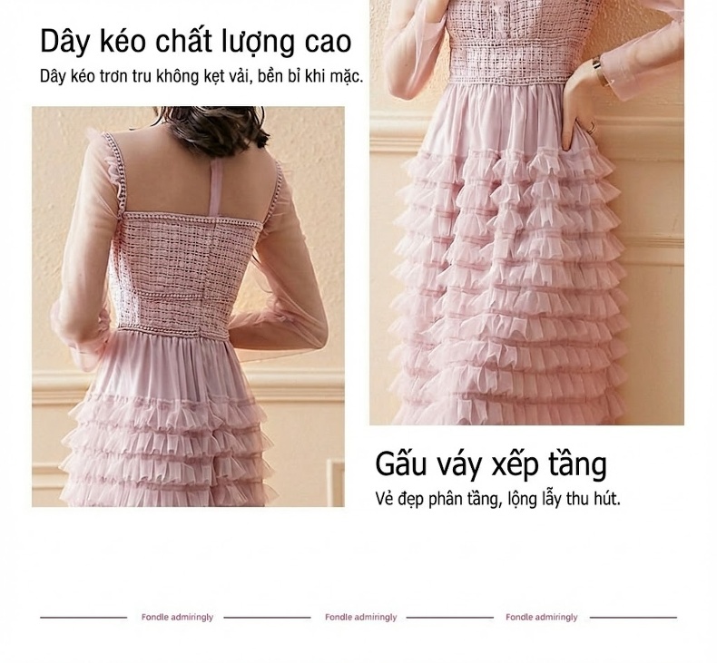Váy liền thân Nữ Lưới Ren Kiểu Pháp Xếp Tầng Dáng Dài Thanh Lịch Màu Hồng chi tiết 3