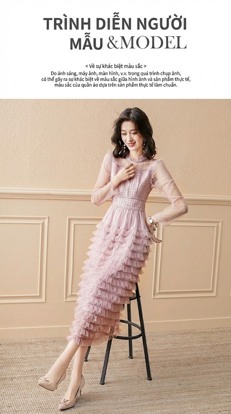 Váy liền thân Nữ Lưới Ren Kiểu Pháp Xếp Tầng Dáng Dài Thanh Lịch Màu Hồng chi tiết 5