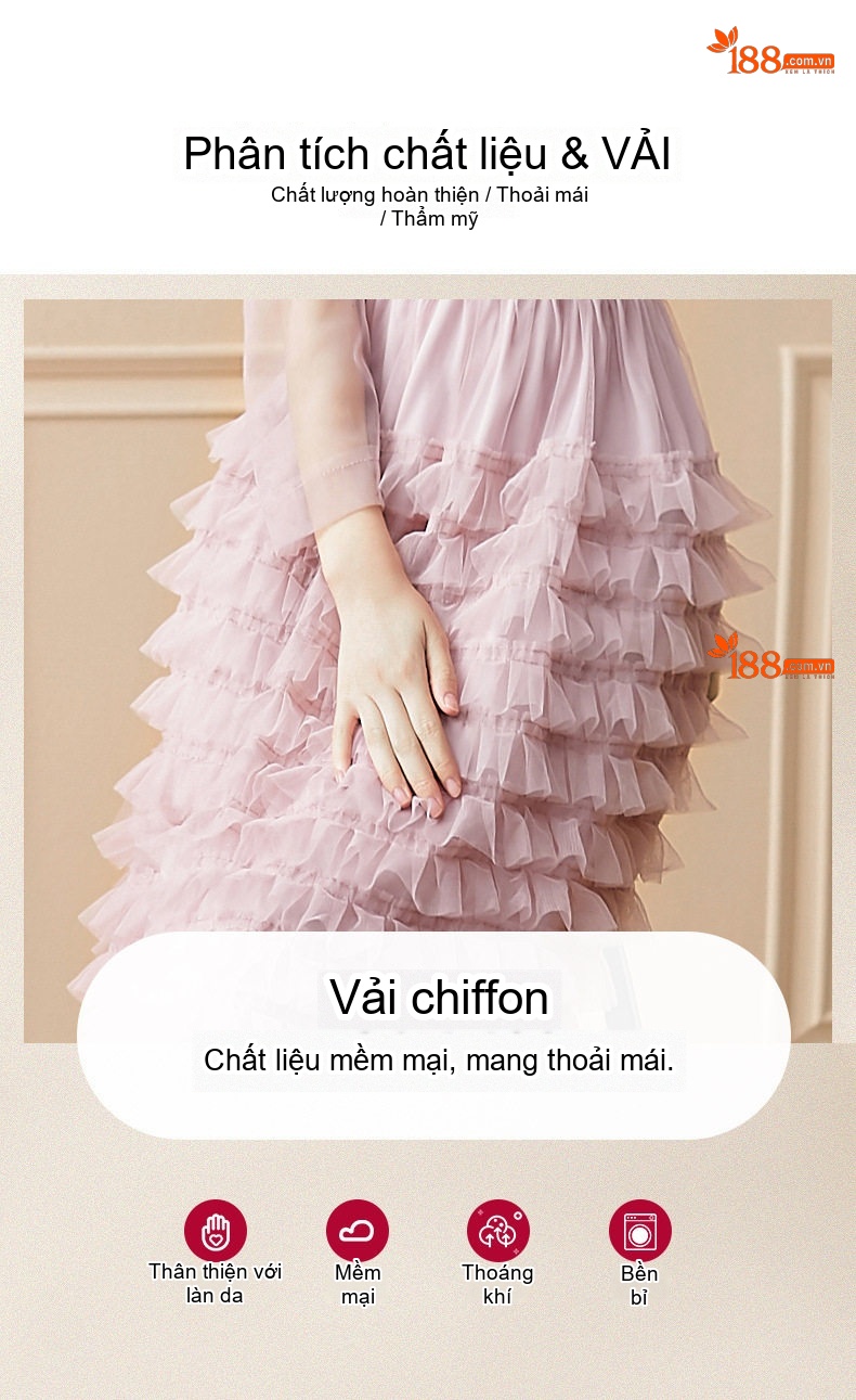 Váy liền thân Nữ Lưới Ren Kiểu Pháp Xếp Tầng Dáng Dài Thanh Lịch Màu Hồng chi tiết 4
