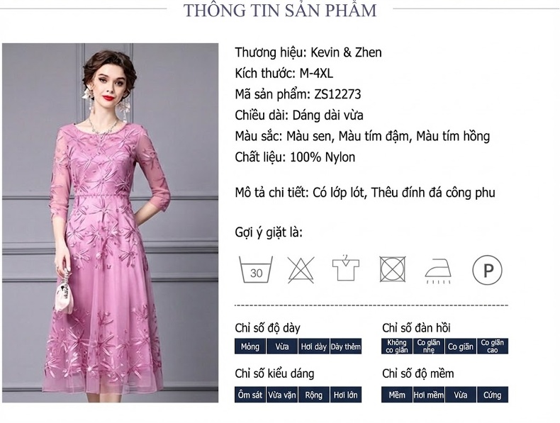 Váy liền thân Nữ Lưới Thêu Hoa Cao Cấp Dáng Xòe Màu Tím chi tiết 17
