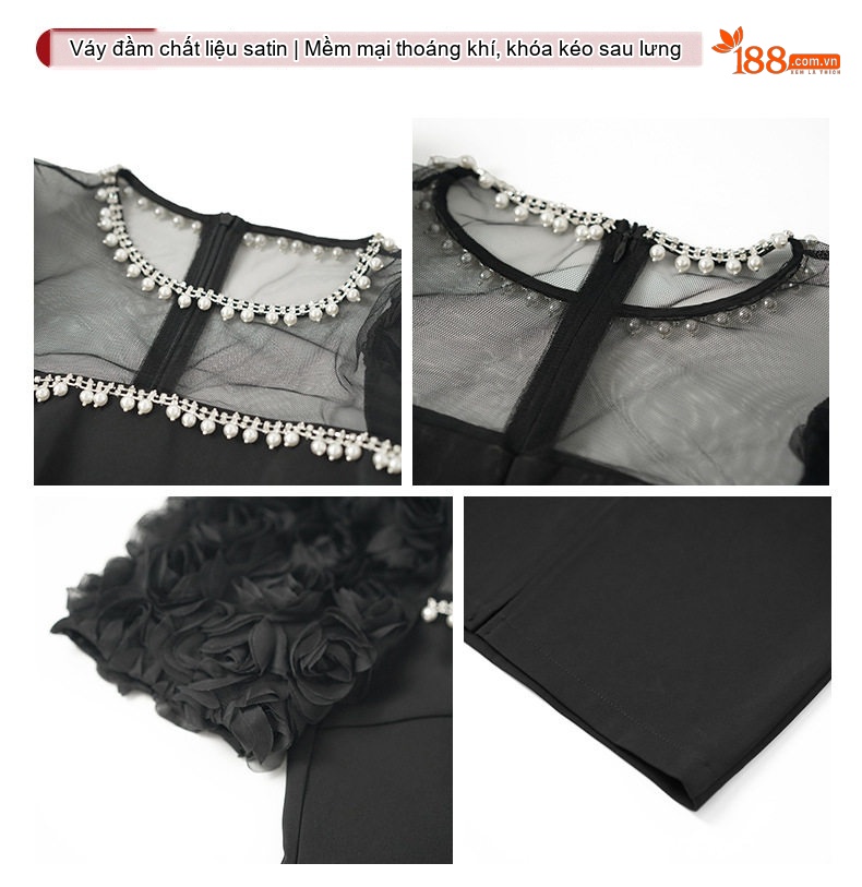 Váy liền thân Nữ Mùa Hè Cổ chữ Vuông Tay Bồng Lưới Đính Đá Ôm Dáng Màu Đen chi tiết 3