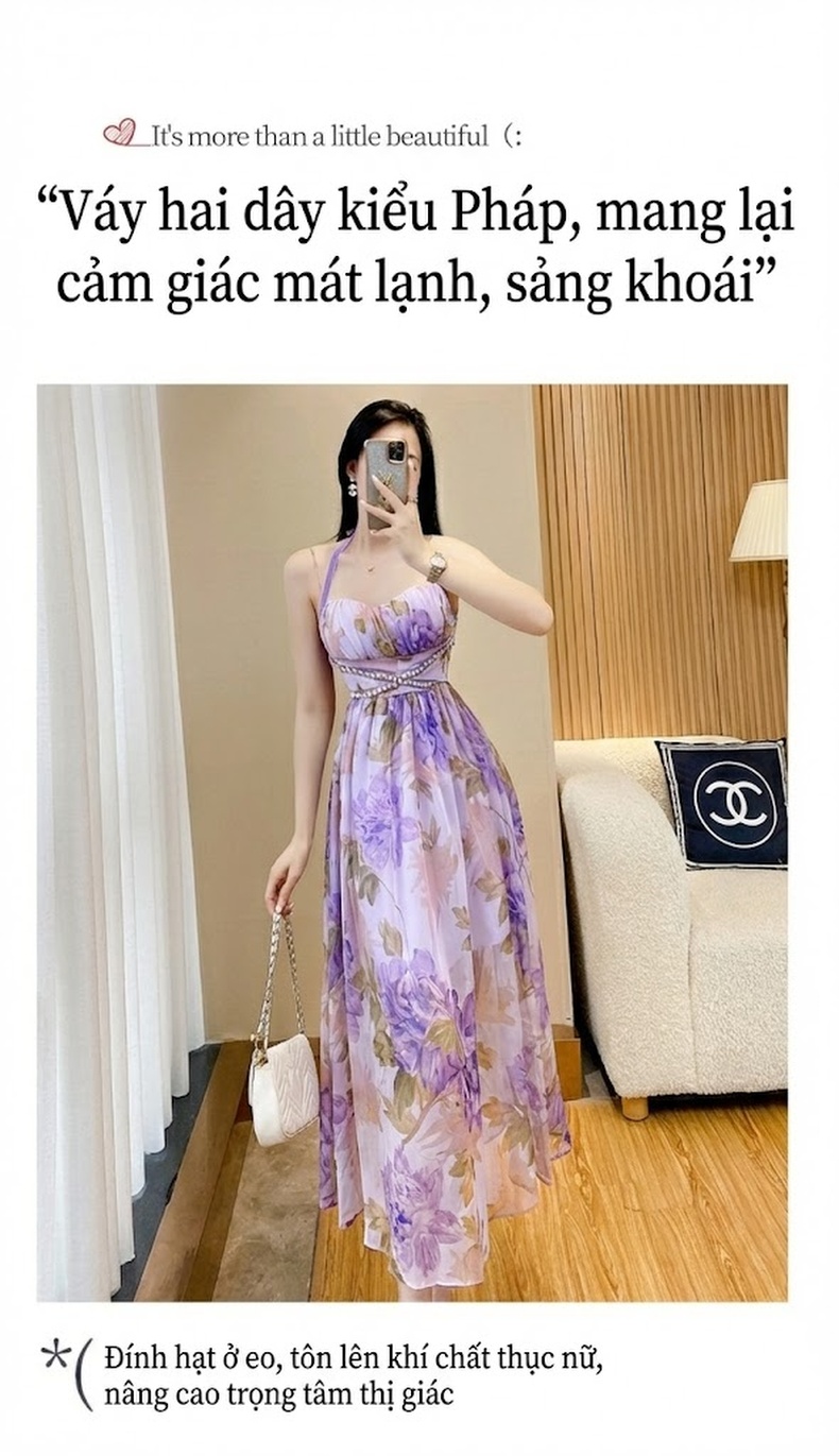 Váy liền thân Nữ Mùa Hè Dáng Dài Họa Tiết Hoa Nhỏ Phong Cách Pháp, Thiết Kế Cổ Yếm Màu Tím chi tiết 2