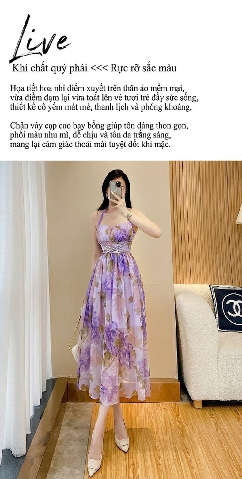Váy liền thân Nữ Mùa Hè Dáng Dài Họa Tiết Hoa Nhỏ Phong Cách Pháp, Thiết Kế Cổ Yếm Màu Tím chi tiết 4