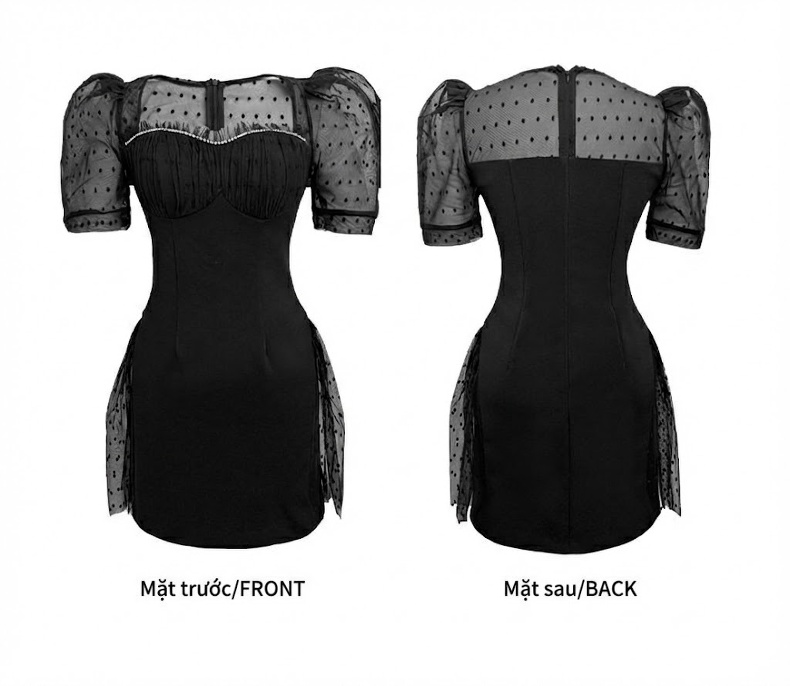 Váy Liền Thân Nữ Mùa Hè Thiết Kế Pháp Dáng Ôm Họa Tiết Chấm Bi Lưới Nhỏ Gọn Dự Tiệc Màu Đen chi tiết 4