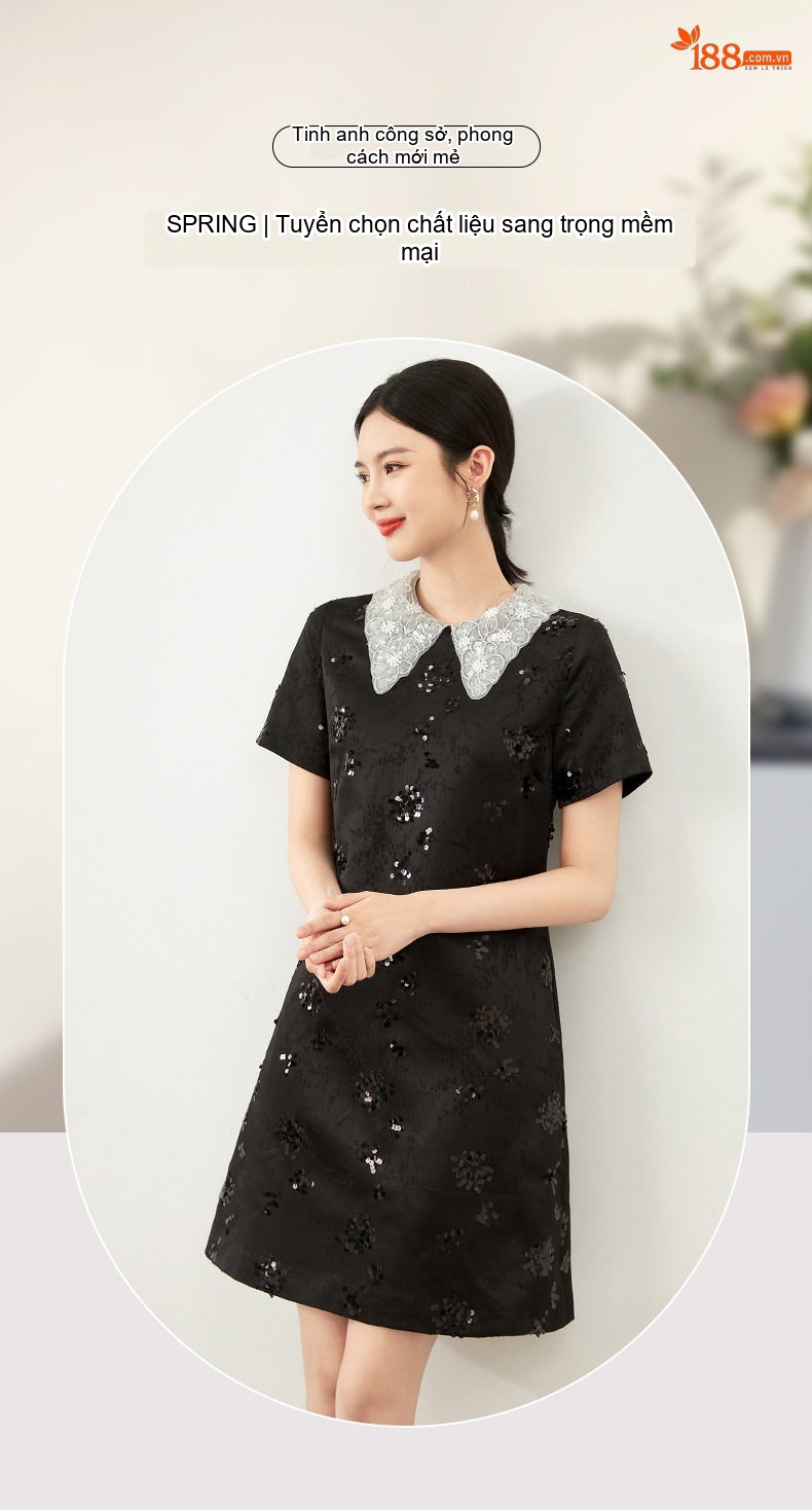 Váy liền thân Nữ Pháp Cổ Điển Đính Hạt Cườm Lấp Lánh Eo Ôm Dáng Màu Đen chi tiết 1