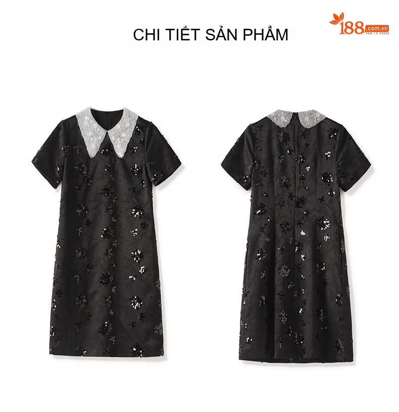 Váy liền thân Nữ Pháp Cổ Điển Đính Hạt Cườm Lấp Lánh Eo Ôm Dáng Màu Đen chi tiết 12