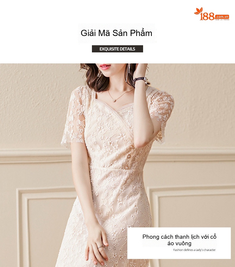 Váy liền thân Nữ Pháp Ren Hoa Nhí dáng chữ A Midi Thanh Lịch Màu Be chi tiết 4