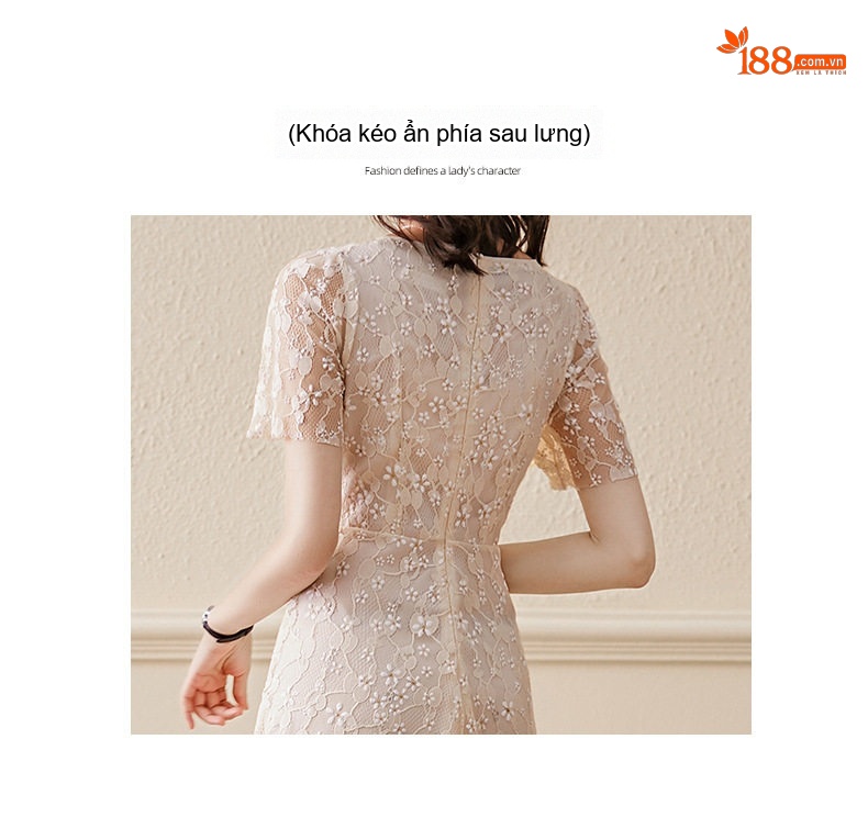 Váy liền thân Nữ Pháp Ren Hoa Nhí dáng chữ A Midi Thanh Lịch Màu Be chi tiết 5