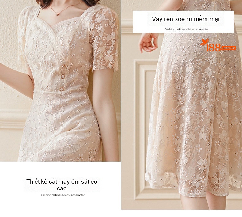 Váy liền thân Nữ Pháp Ren Hoa Nhí dáng chữ A Midi Thanh Lịch Màu Be chi tiết 6