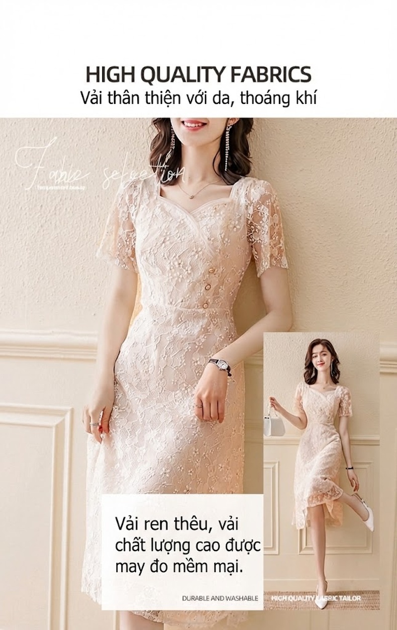 Váy liền thân Nữ Pháp Ren Hoa Nhí dáng chữ A Midi Thanh Lịch Màu Be chi tiết 7