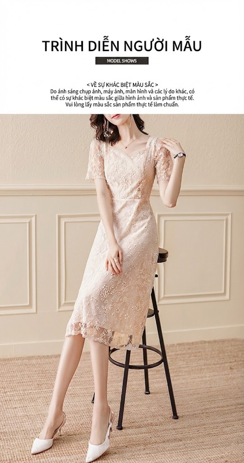 Váy liền thân Nữ Pháp Ren Hoa Nhí dáng chữ A Midi Thanh Lịch Màu Be chi tiết 8