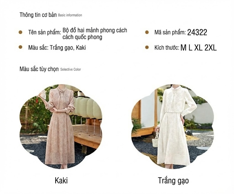 Váy Liền Thân Nữ Phong Cách Trung Hoa Cổ Điển Thiết Kế Tiểu Thư Áo Khoác Cộc Tay Khuy Nút Set 2 Món Màu Be, Trắng chi tiết 2