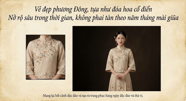Váy Liền Thân Nữ Phong Cách Trung Hoa Cổ Điển Thiết Kế Tiểu Thư Áo Khoác Cộc Tay Khuy Nút Set 2 Món Màu Be, Trắng chi tiết 9