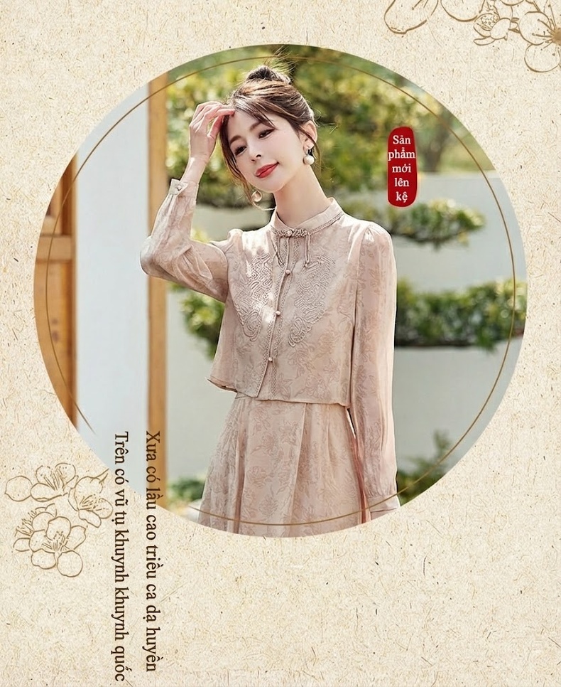Váy Liền Thân Nữ Phong Cách Trung Hoa Cổ Điển Thiết Kế Tiểu Thư Áo Khoác Cộc Tay Khuy Nút Set 2 Món Màu Be, Trắng chi tiết 13