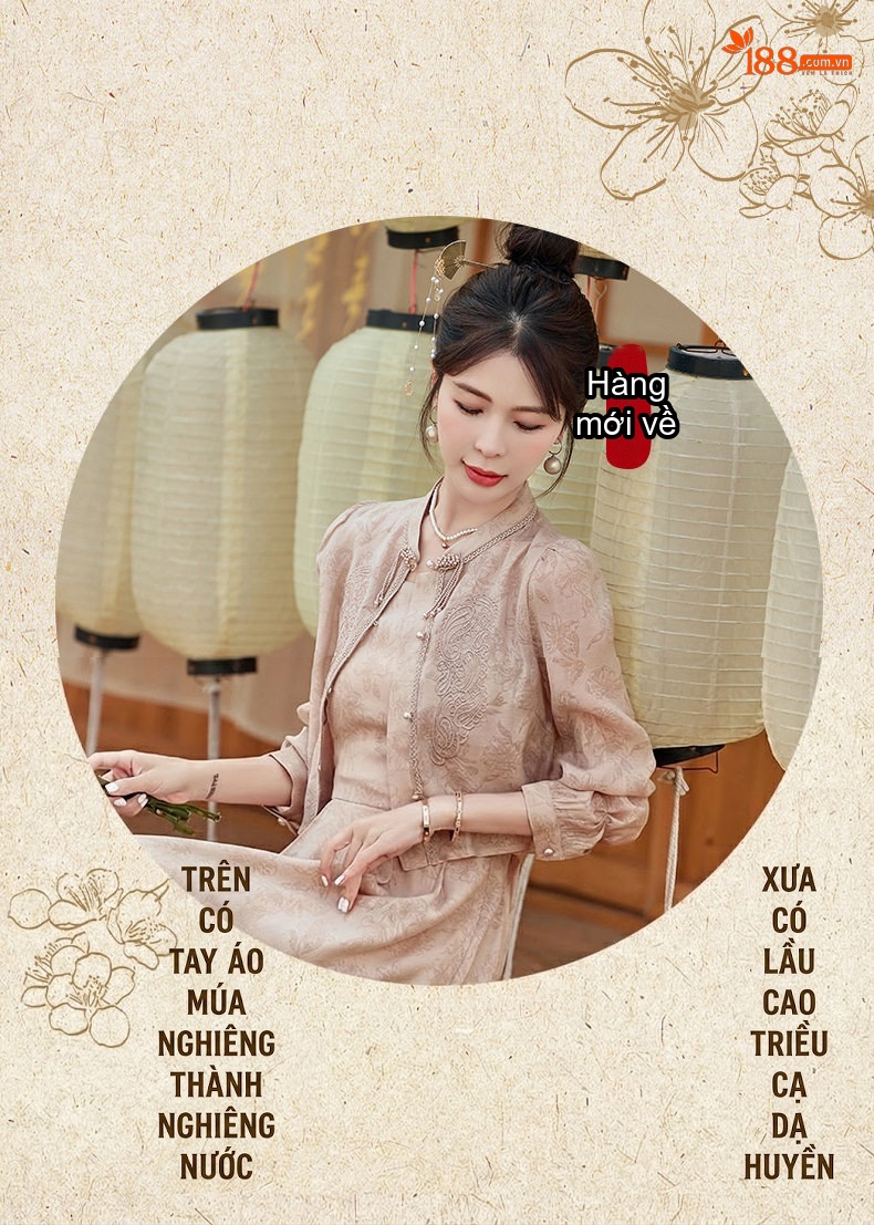 Váy Liền Thân Nữ Phong Cách Trung Hoa Cổ Điển Thiết Kế Tiểu Thư Áo Khoác Cộc Tay Khuy Nút Set 2 Món Màu Be, Trắng chi tiết 18