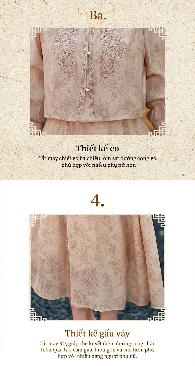 Váy Liền Thân Nữ Phong Cách Trung Hoa Cổ Điển Thiết Kế Tiểu Thư Áo Khoác Cộc Tay Khuy Nút Set 2 Món Màu Be, Trắng chi tiết 23