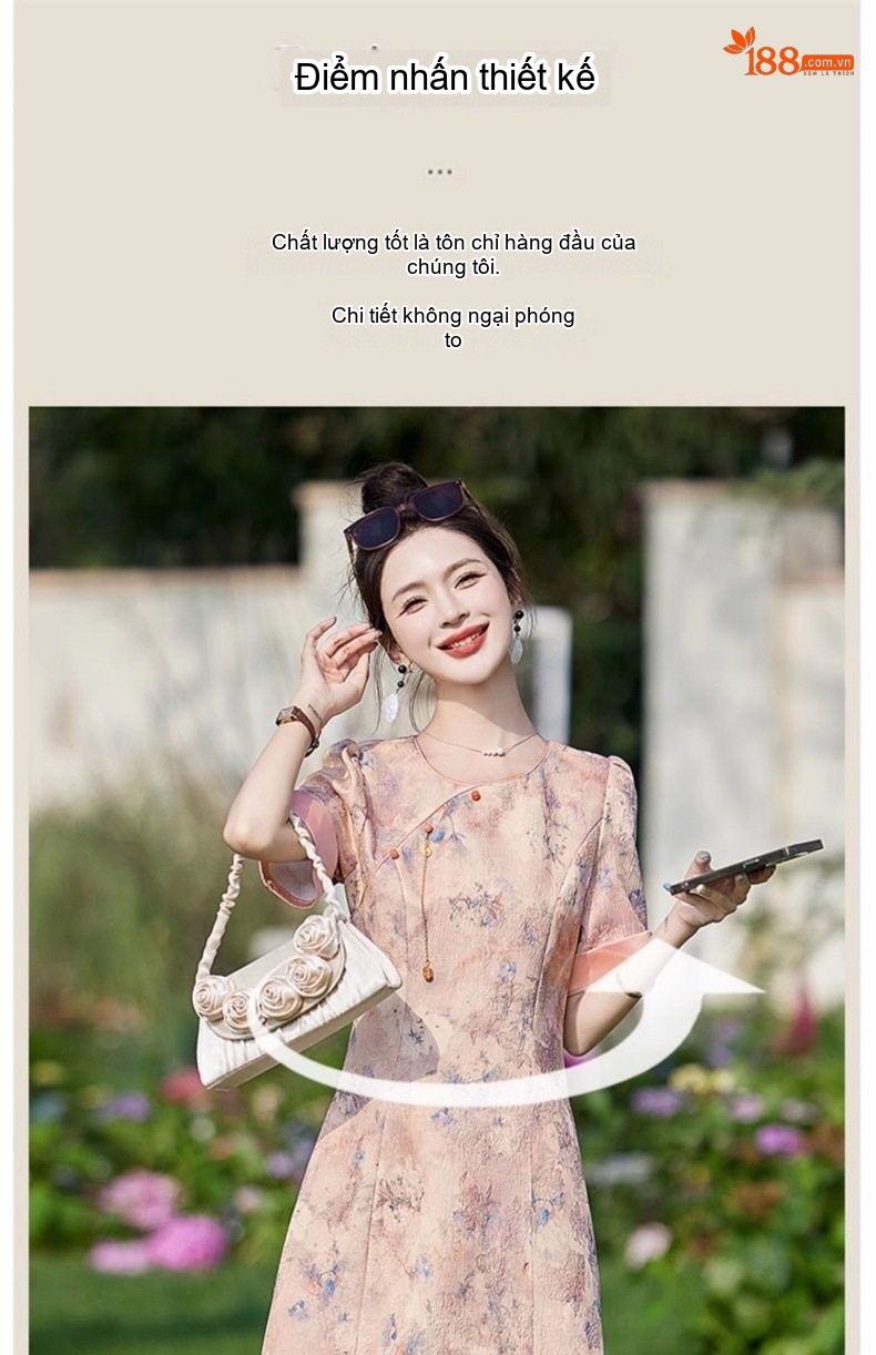 Váy Liền Thân Nữ Quốc Phong Tay Ngắn Họa Tiết Hoa Nhỏ Dáng Ngắn Chiết Eo chi tiết 7