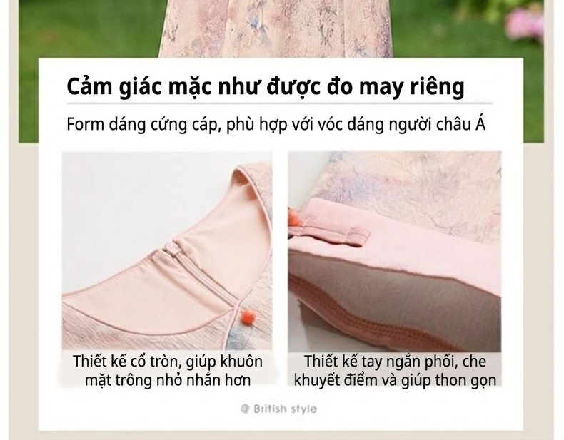Váy Liền Thân Nữ Quốc Phong Tay Ngắn Họa Tiết Hoa Nhỏ Dáng Ngắn Chiết Eo chi tiết 8