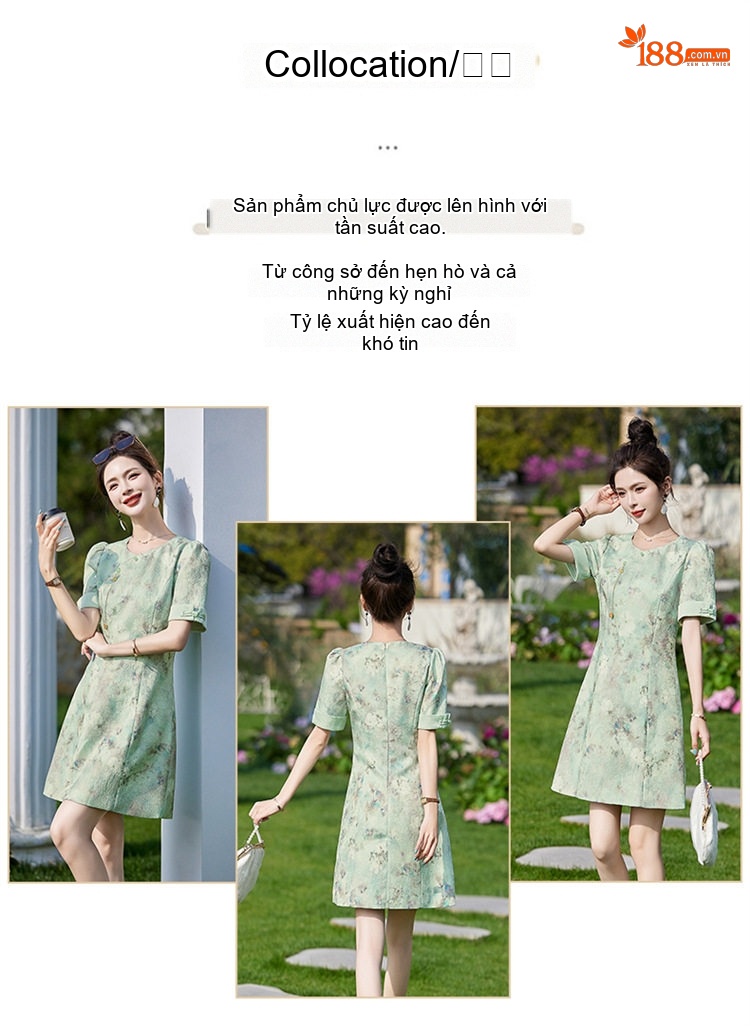 Váy Liền Thân Nữ Quốc Phong Tay Ngắn Họa Tiết Hoa Nhỏ Dáng Ngắn Chiết Eo chi tiết 10
