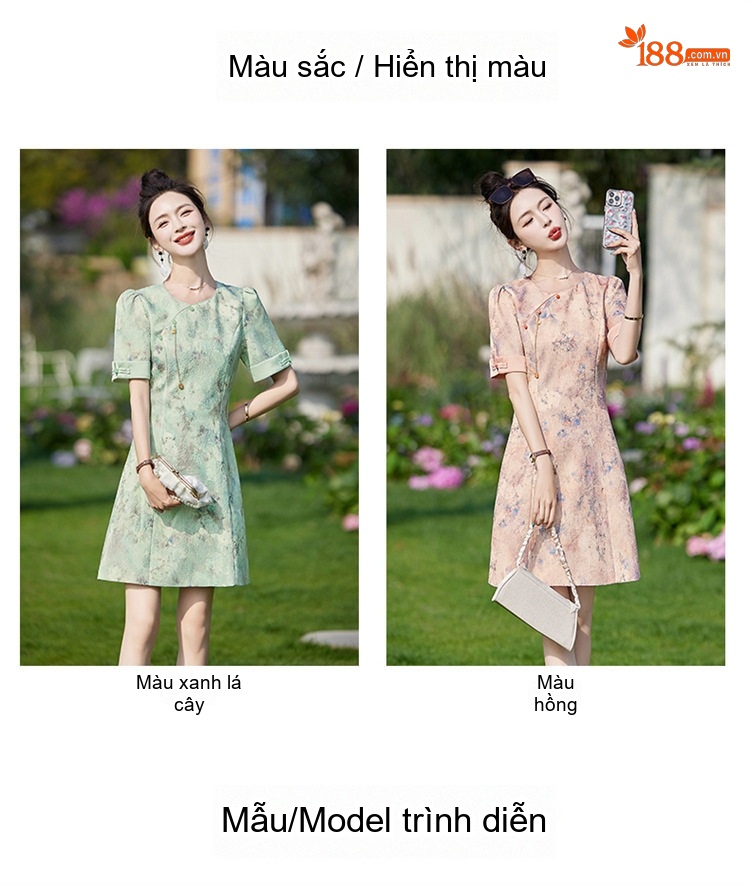 Váy Liền Thân Nữ Quốc Phong Tay Ngắn Họa Tiết Hoa Nhỏ Dáng Ngắn Chiết Eo chi tiết 14
