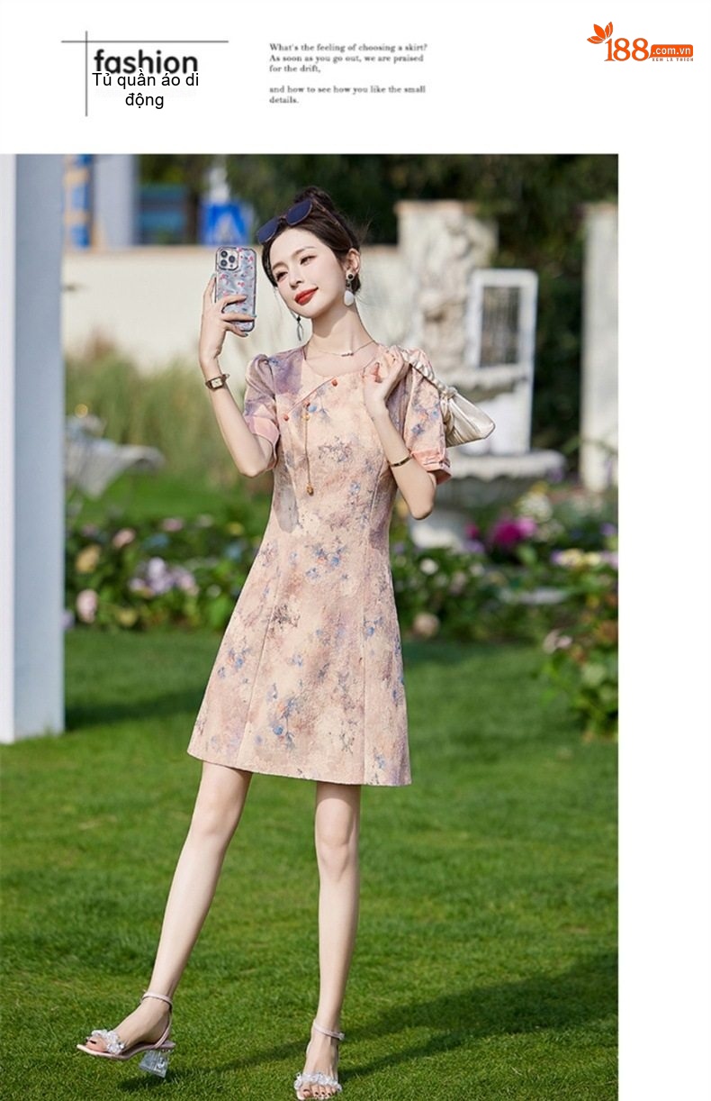 Váy Liền Thân Nữ Quốc Phong Tay Ngắn Họa Tiết Hoa Nhỏ Dáng Ngắn Chiết Eo chi tiết 25