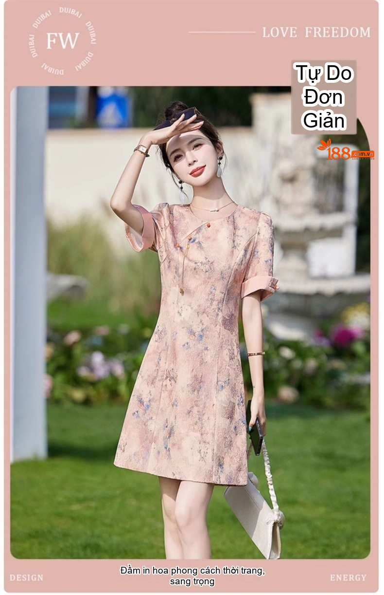 Váy Liền Thân Nữ Quốc Phong Tay Ngắn Họa Tiết Hoa Nhỏ Dáng Ngắn Chiết Eo chi tiết 2