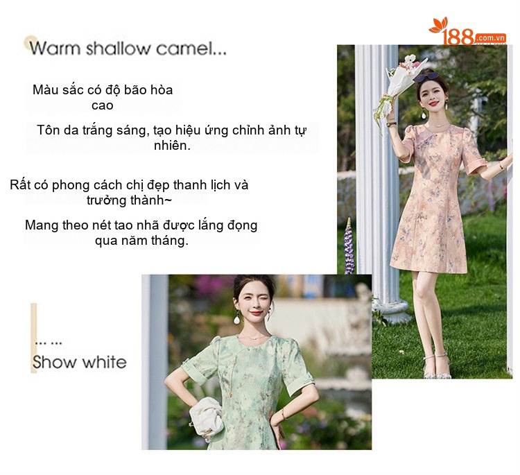 Váy Liền Thân Nữ Quốc Phong Tay Ngắn Họa Tiết Hoa Nhỏ Dáng Ngắn Chiết Eo chi tiết 4
