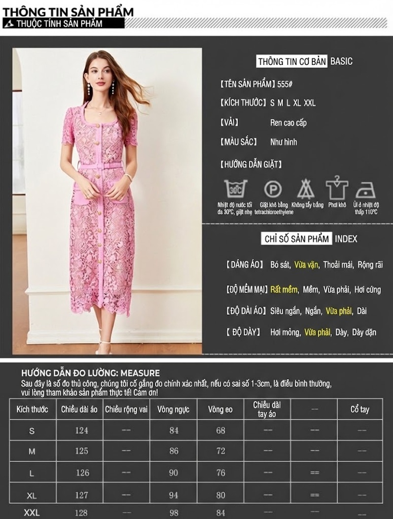 Váy liền thân Nữ Ren Cổ chữ Vuông Tay Ngắn Thiết Kế Sang Trọng Thêu Hoa Màu Hồng, Đen chi tiết 2