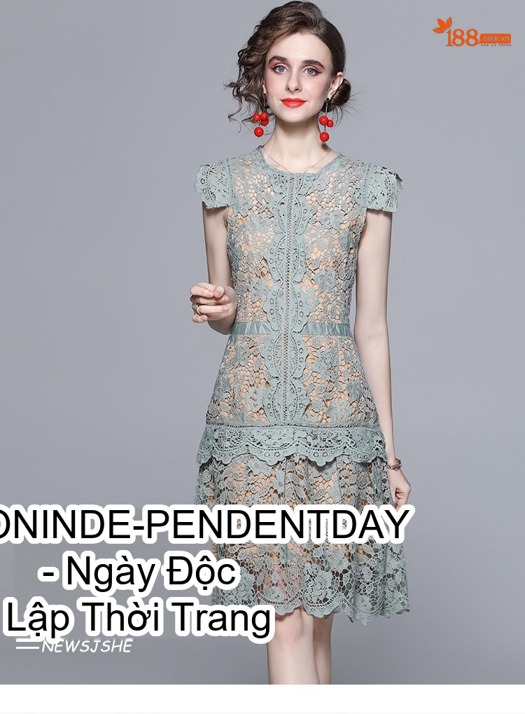 Váy liền thân Nữ Ren Họa Tiết Bèo Nhún Tay Bồng Ôm Dáng Màu Xanh Mint chi tiết 1