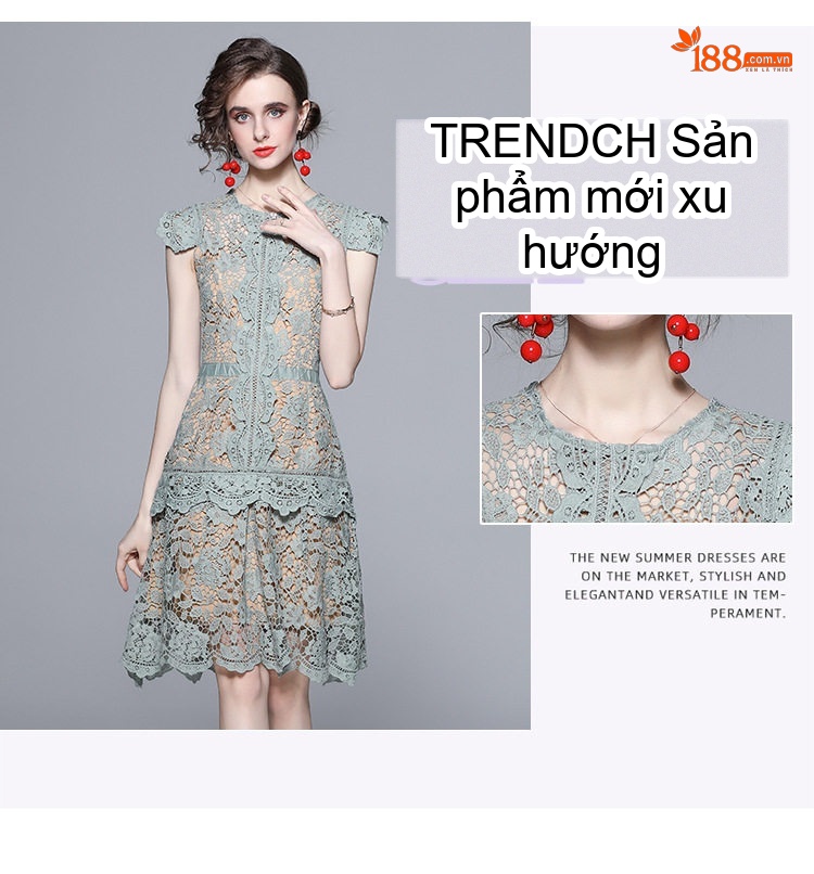 Váy liền thân Nữ Ren Họa Tiết Bèo Nhún Tay Bồng Ôm Dáng Màu Xanh Mint chi tiết 4