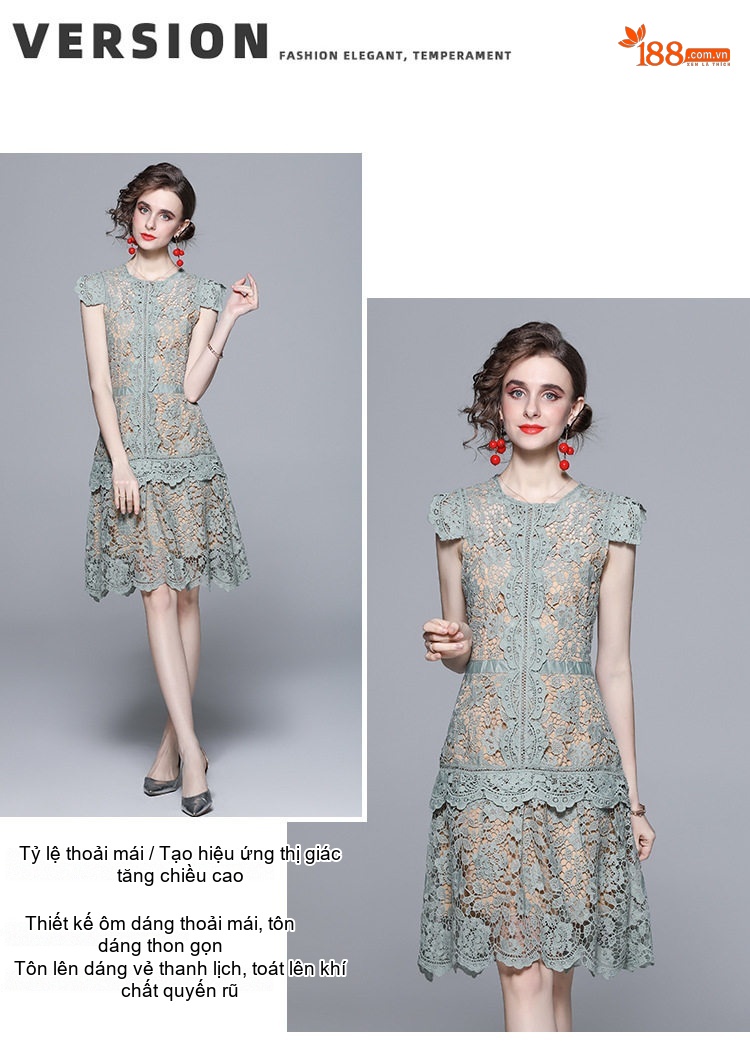 Váy liền thân Nữ Ren Họa Tiết Bèo Nhún Tay Bồng Ôm Dáng Màu Xanh Mint chi tiết 6