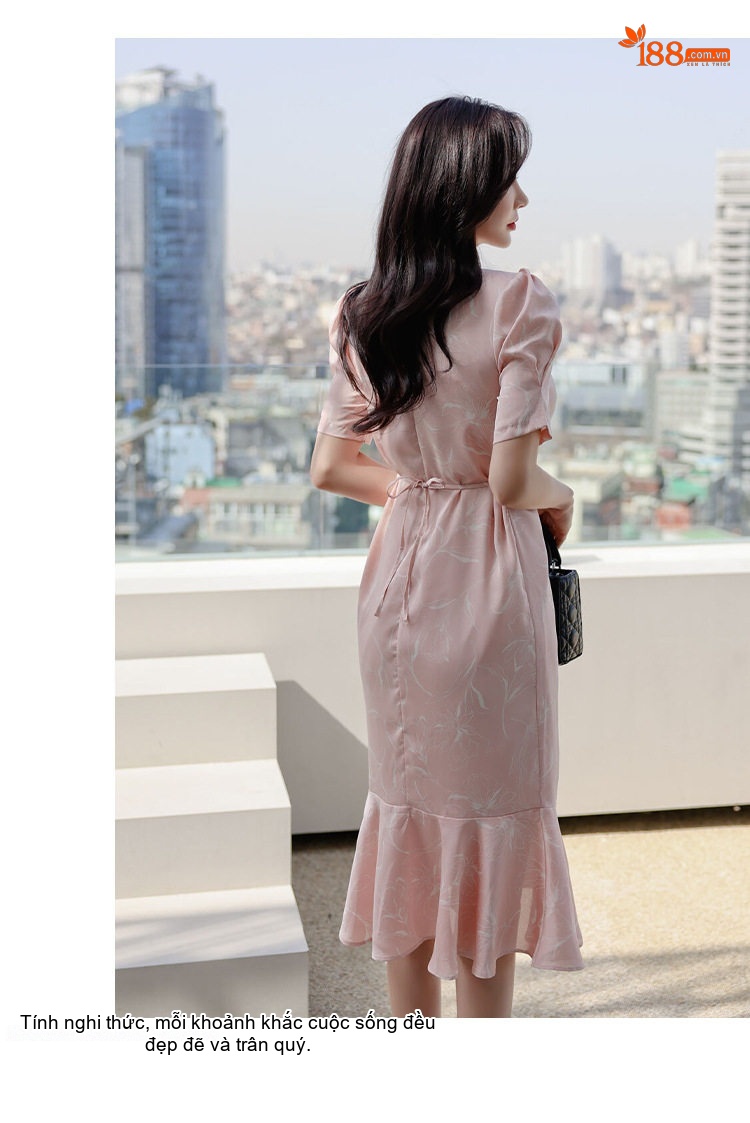 Váy liền thân Nữ Tay Bồng Cổ chữ V In Họa Tiết Eo Chiết Ly Dáng Ôm Đuôi Cá Màu Hồng chi tiết 7